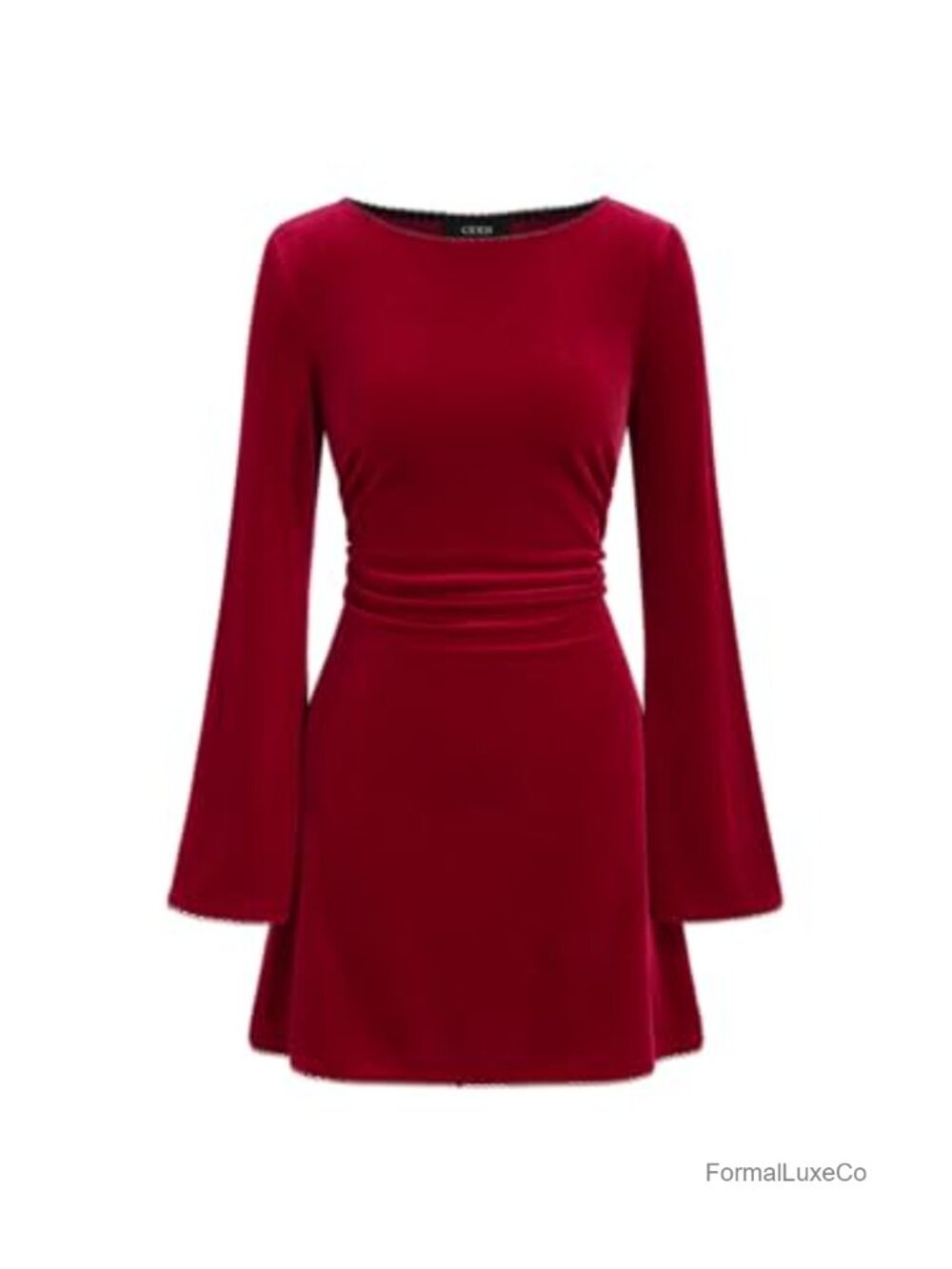 Velvet Mini Dress Long Sleeve A-Line Cocktail Party Tie Waist Boat Neck